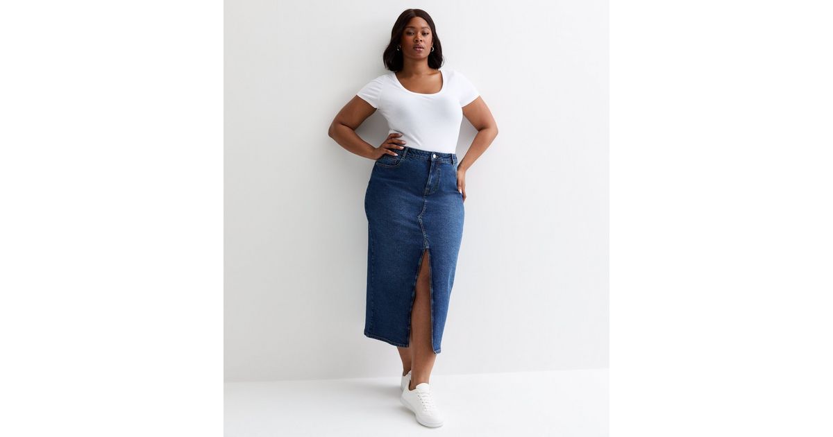 Curves Blue Denim Midi Skirt New Look