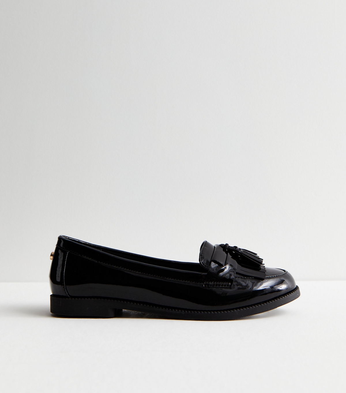 Women's Black Patent Tassel Trim Loafers School New Look