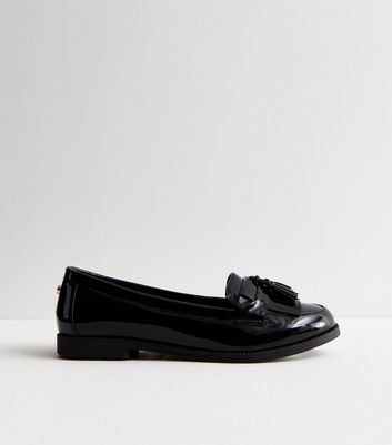 Black Patent Tassel Trim Loafers New Look