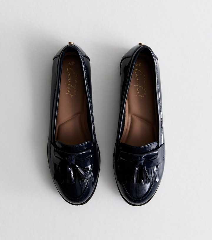 Navy Patent Tassel Trim Loafers