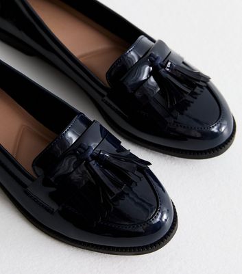 Navy Patent Tassel Trim Loafers New Look
