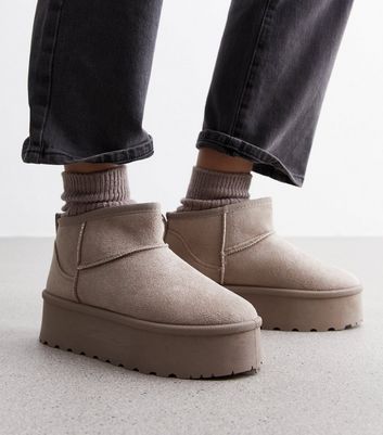 Truffle Grey Suedette Flatform Slipper Boots New Look