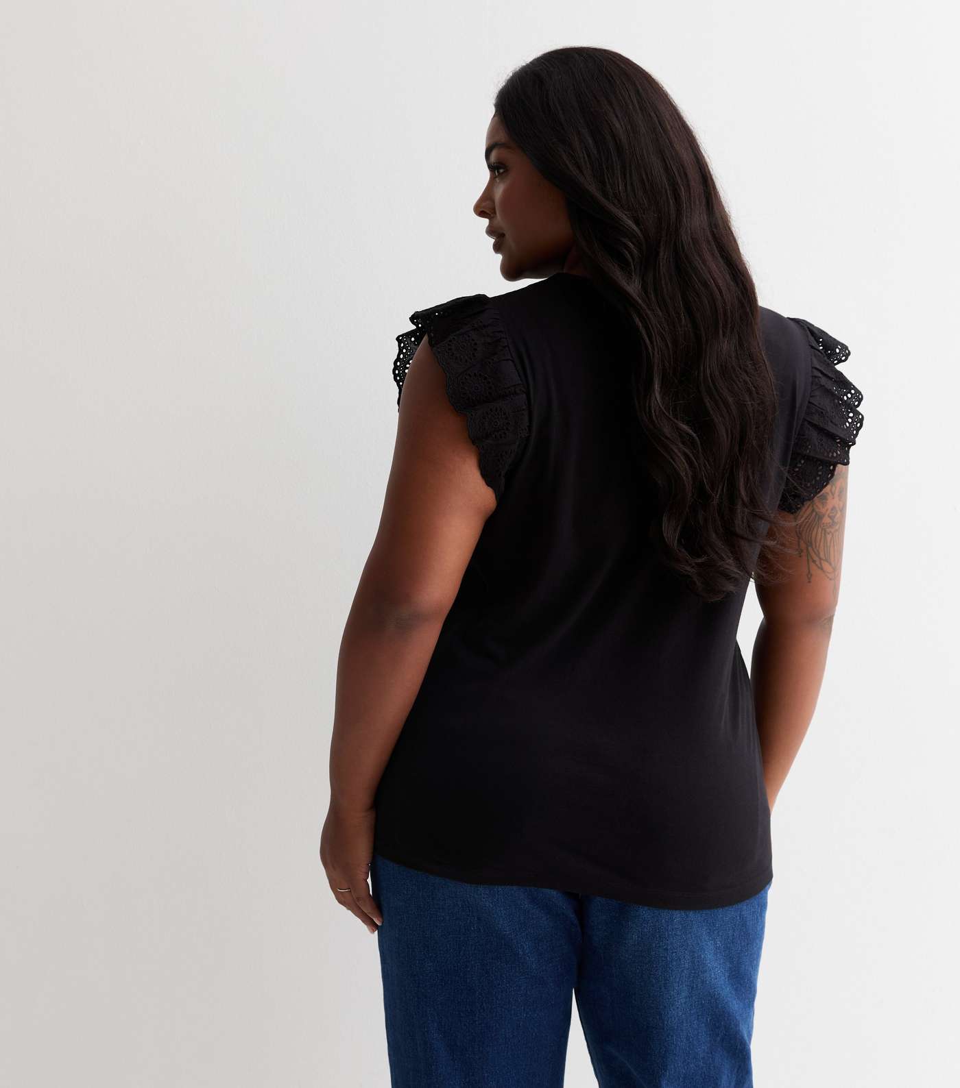 Curves Black Embroidered Frill Sleeve T-Shirt Image 4