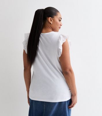 Curves White Embroidered Frill Sleeve T-Shirt New Look