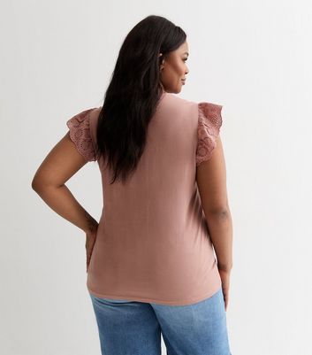 Curves Mid Pink Embroidered Frill Sleeve T-Shirt New Look