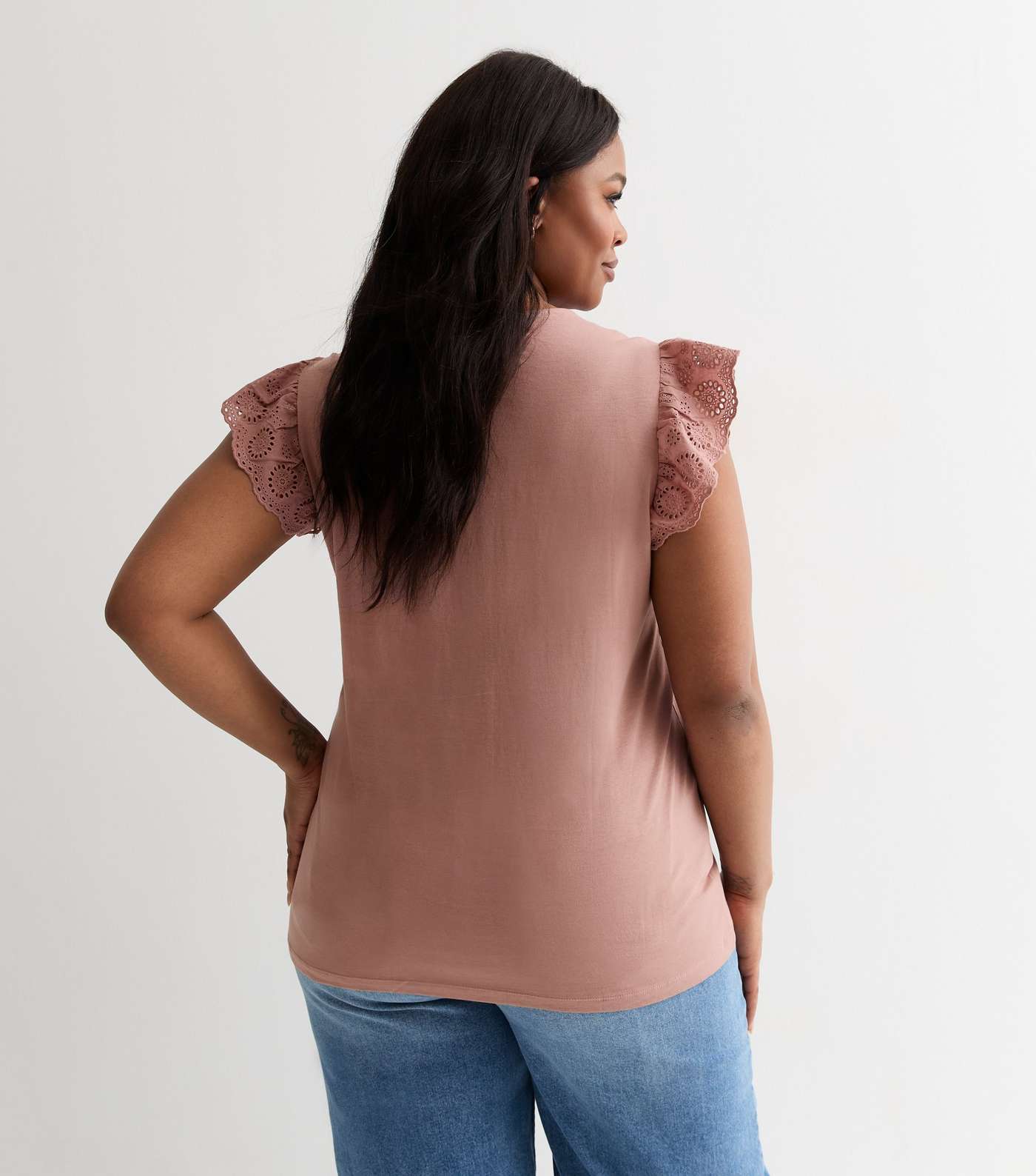 Curves Mid Pink Embroidered Frill Sleeve T-Shirt Image 4