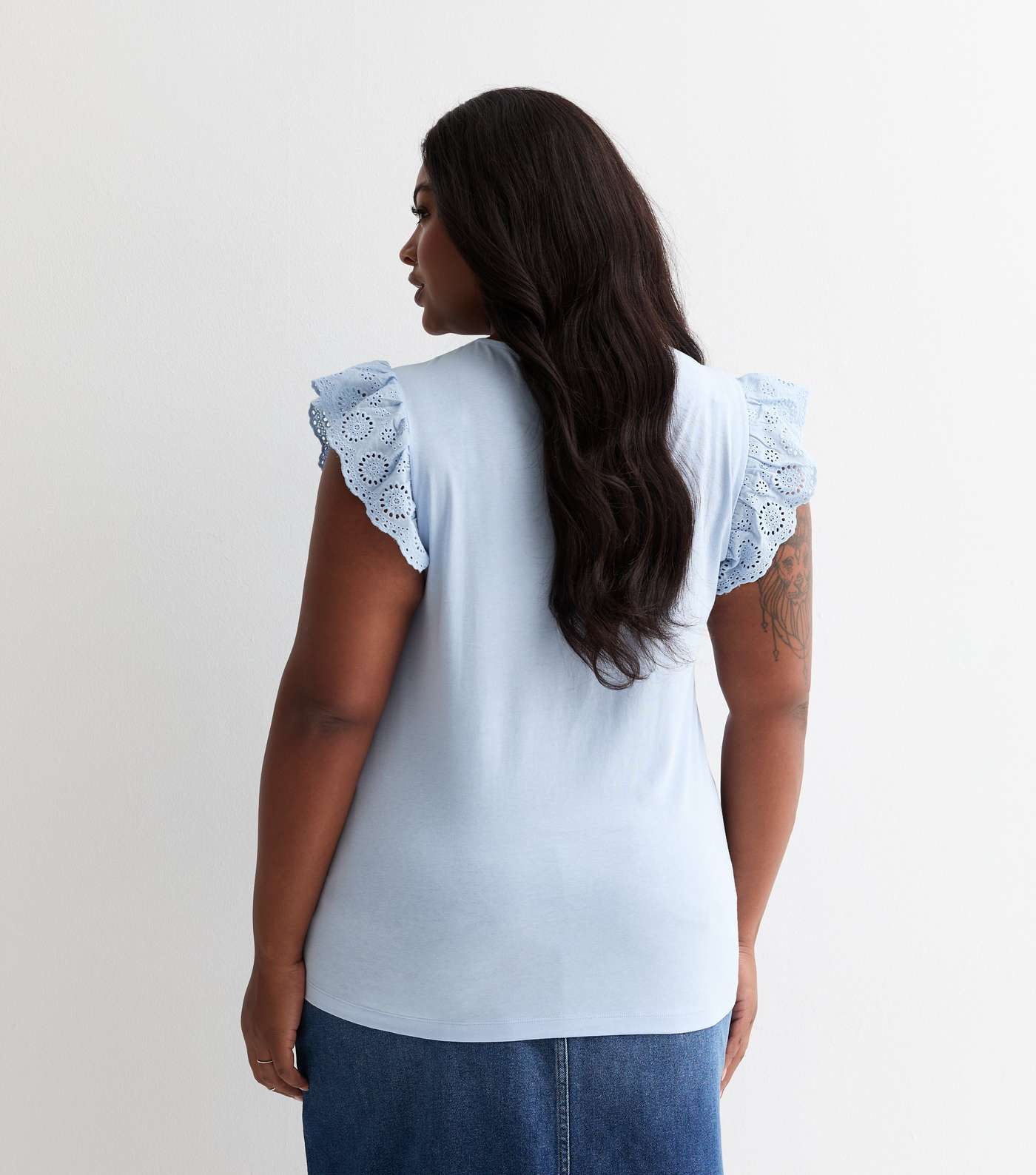 Curves Blue Broderie Frill Sleeve T-Shirt Image 4