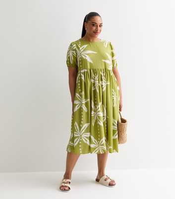 Curves Green Palm Tree-Print Midi Smock Dress