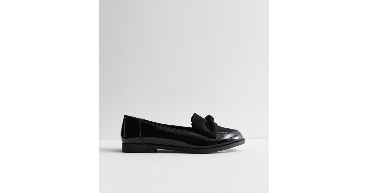 Black Patent Suedette Bow Loafers New Look