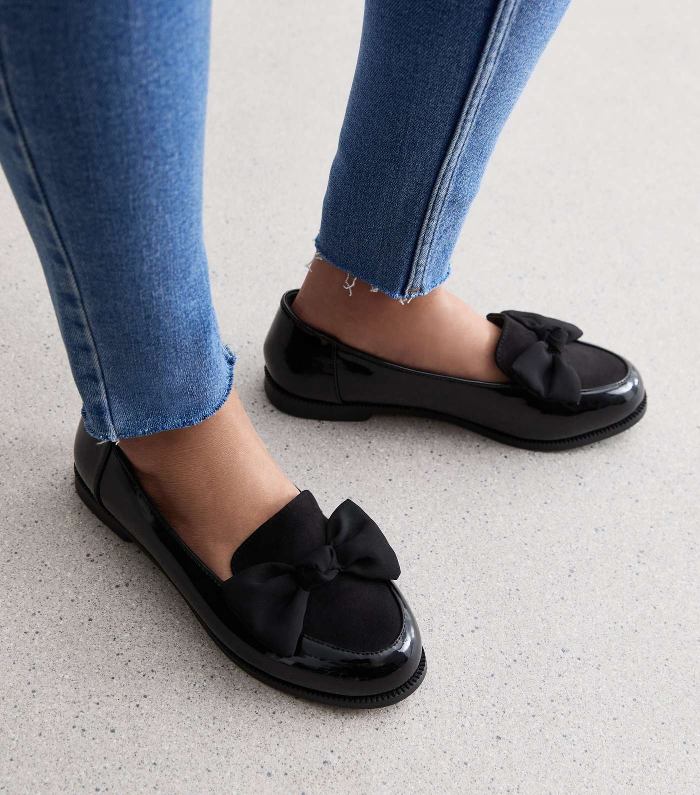 Wide Fit Black Patent Bow Front Loafers | New Look