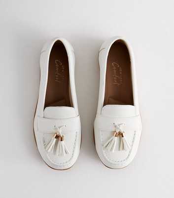 Wide Fit White Leather-Look Tassel Trim Loafers