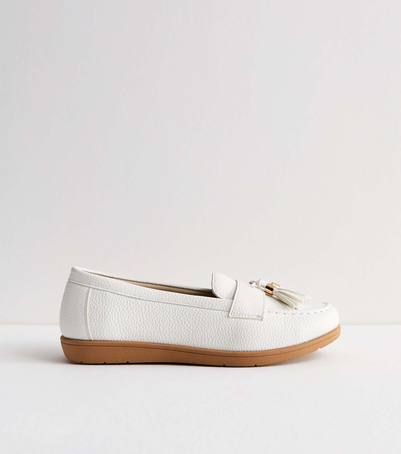 Wide Fit White Leather-Look Tassel Trim Loafers Image 5