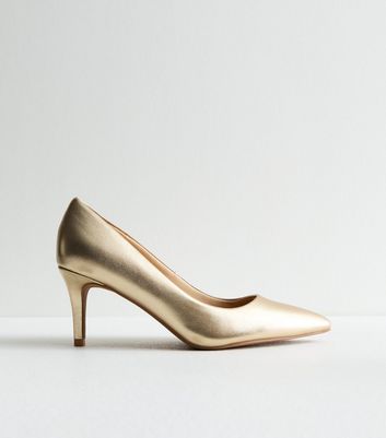 Wide Fit Gold Metallic Stiletto Heel Court Shoes | New Look