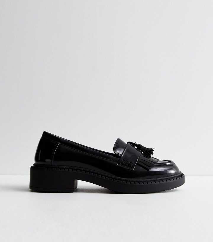 Black Leather-Look Tassel Trim Loafers