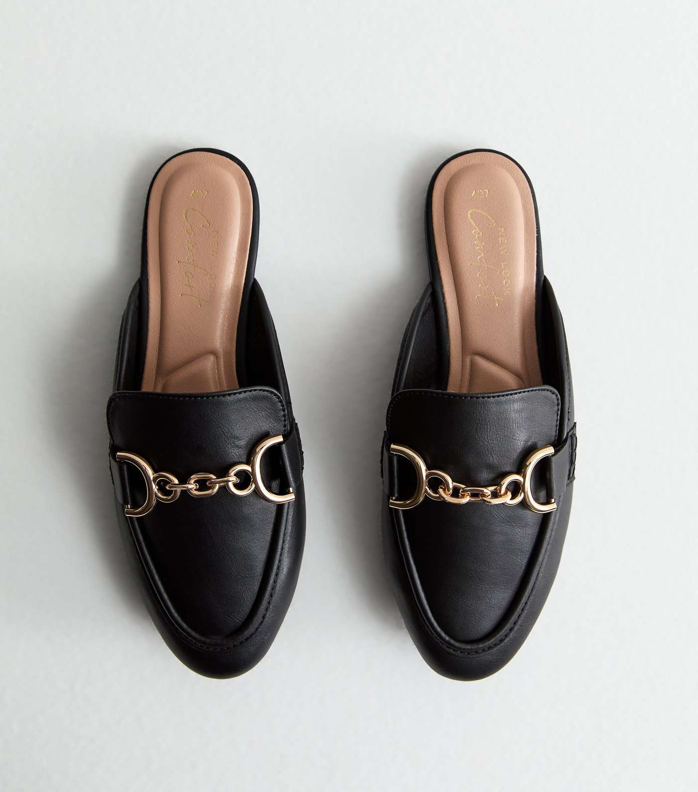 Black Leather-Look Chain Trim Mule Loafers