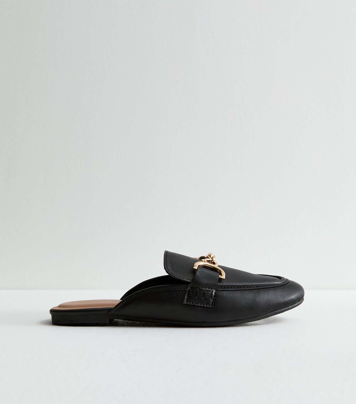 Black Leather-Look Chain Trim Mule Loafers Image 3