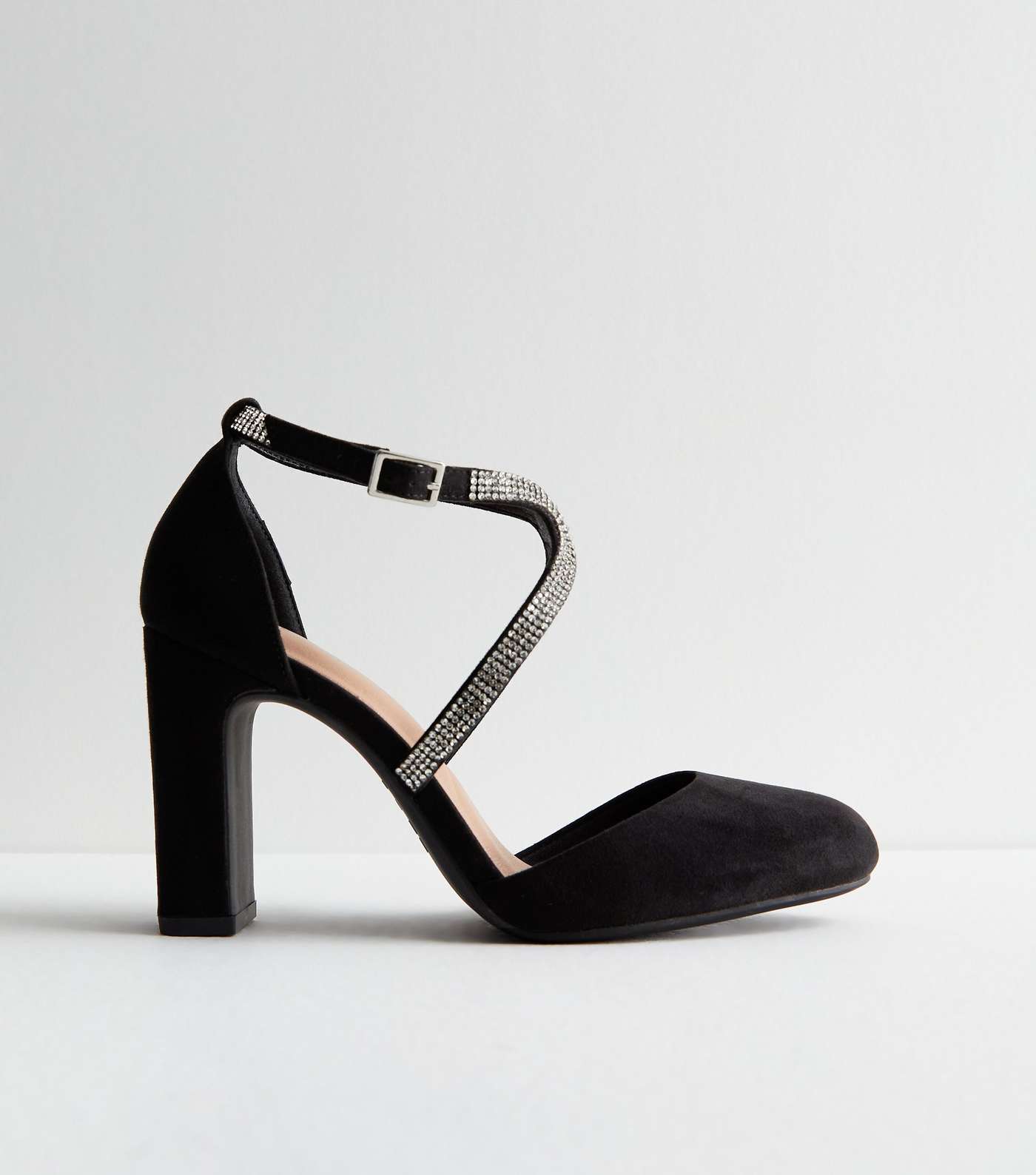 Wide Fit Black Suedette Diamanté Twist Block Heel Court Shoes | New Look