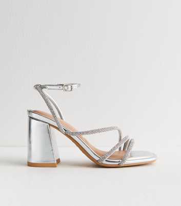 Silver Multi Strap Diamanté Block Heel Sandals 