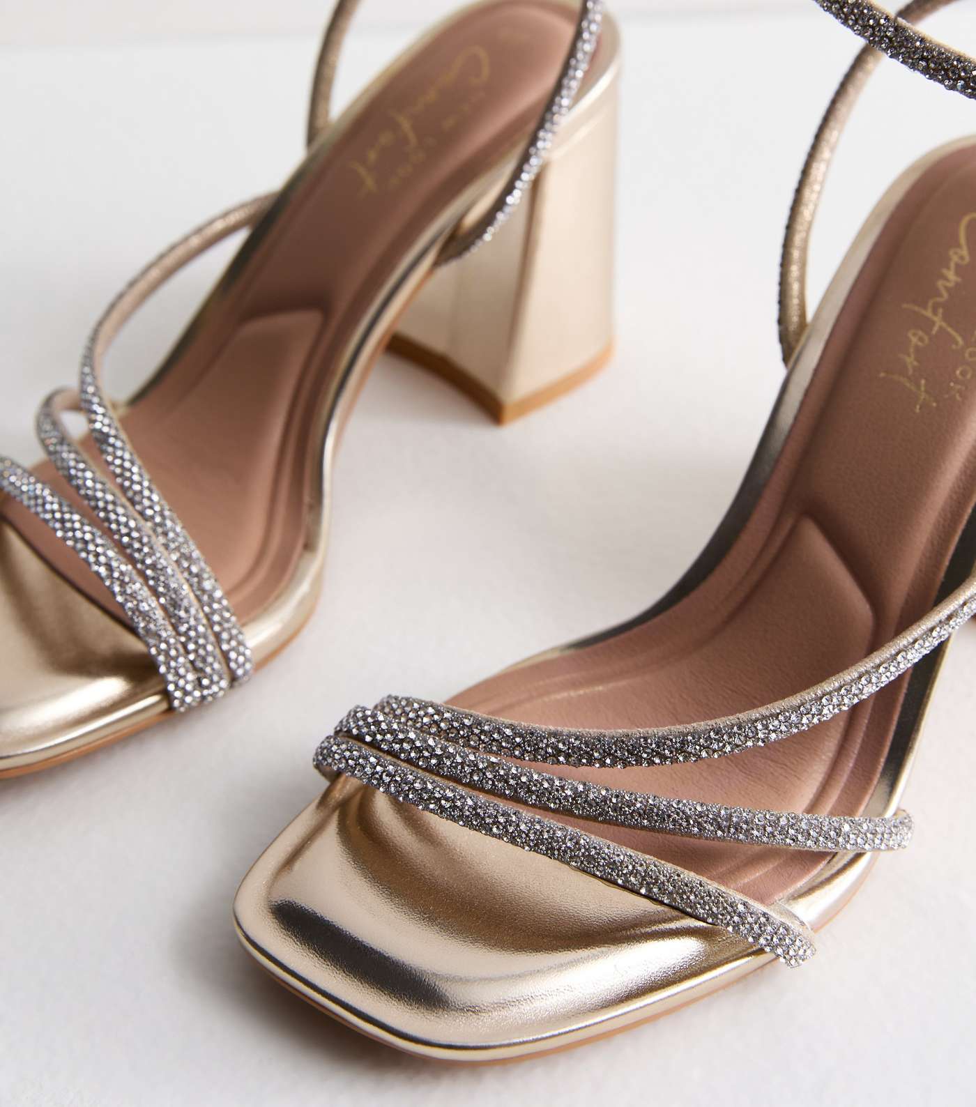 Gold Multi Strap Diamanté Block Heel Sandals  Image 3