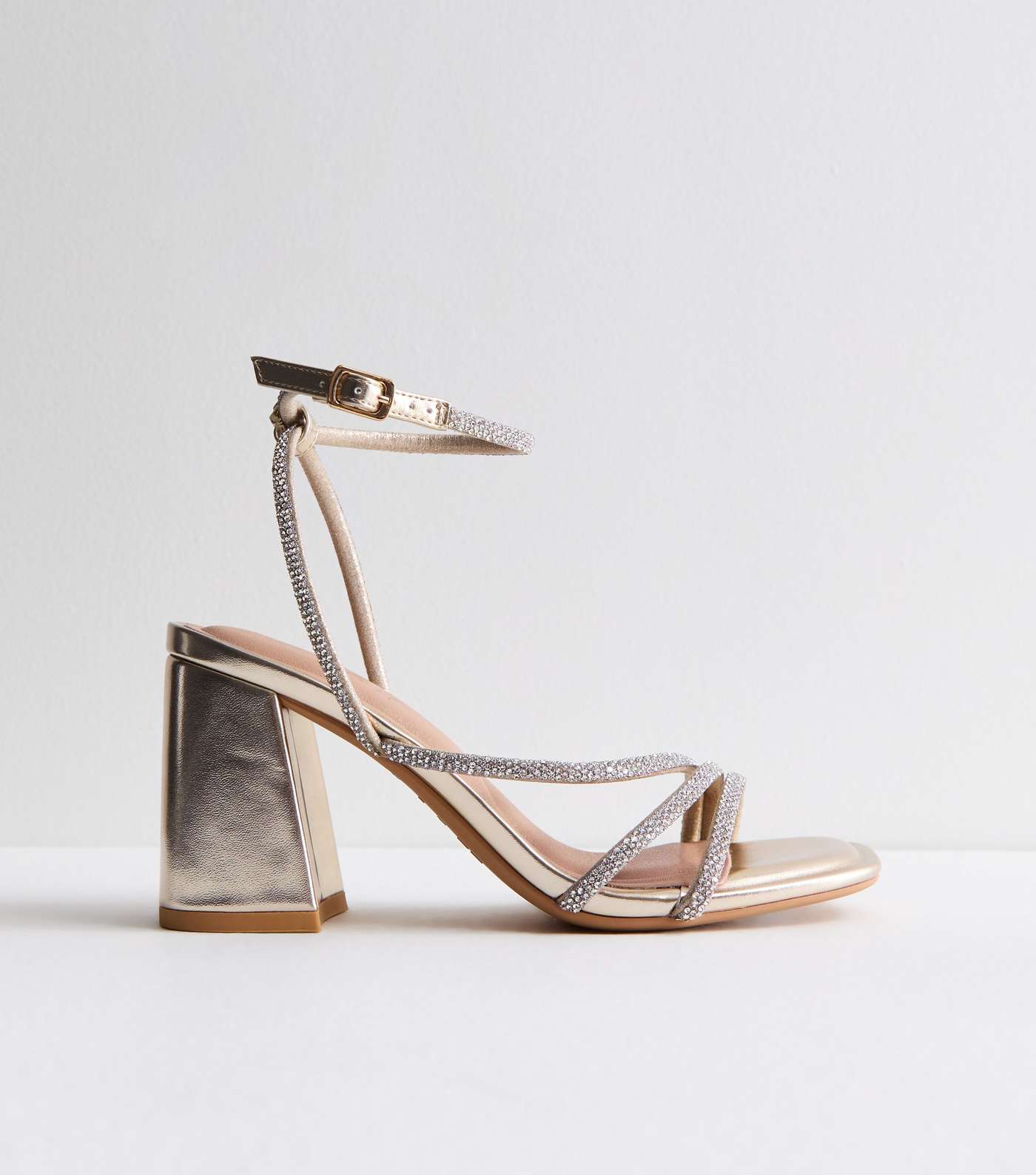 Gold Multi Strap Diamanté Block Heel Sandals  Image 5