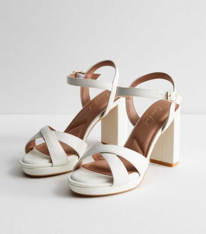 White Cross Over Platform Block Heel Sandals