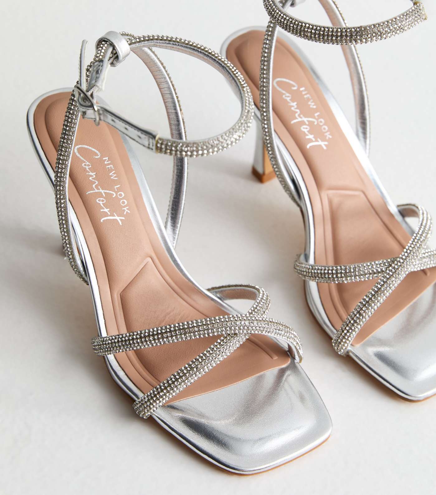 Silver Diamanté 2 Part Stiletto Heel Sandals Image 3