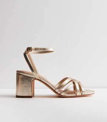 Gold Leather-Look Strappy Block Heel Sandals