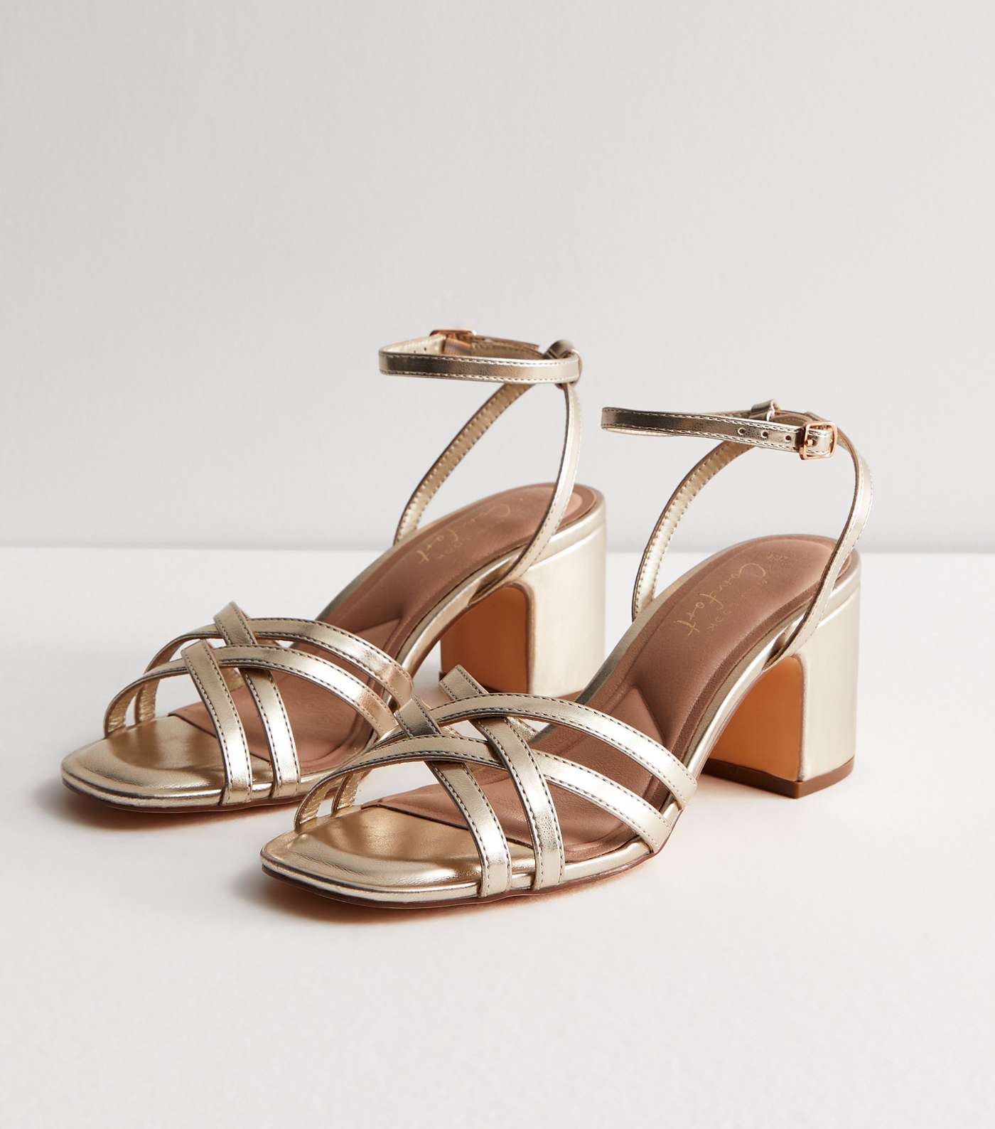Gold Leather-Look Strappy Block Heel Sandals Image 3