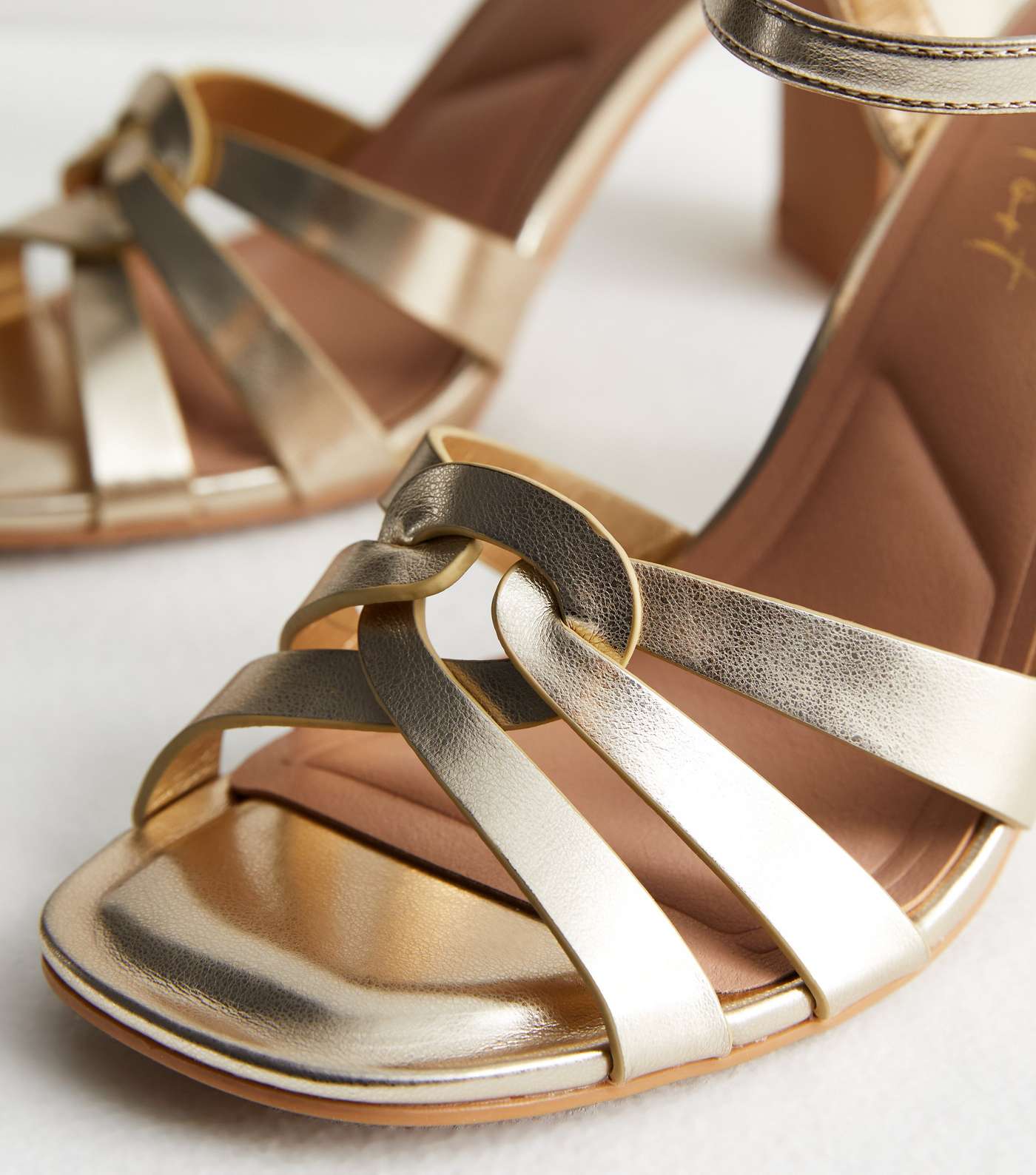 Wide Fit Gold Leather-Look Twist Block Heel Sandals Image 5