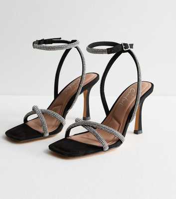 Black Diamanté 2 Part Stiletto Heel Sandals