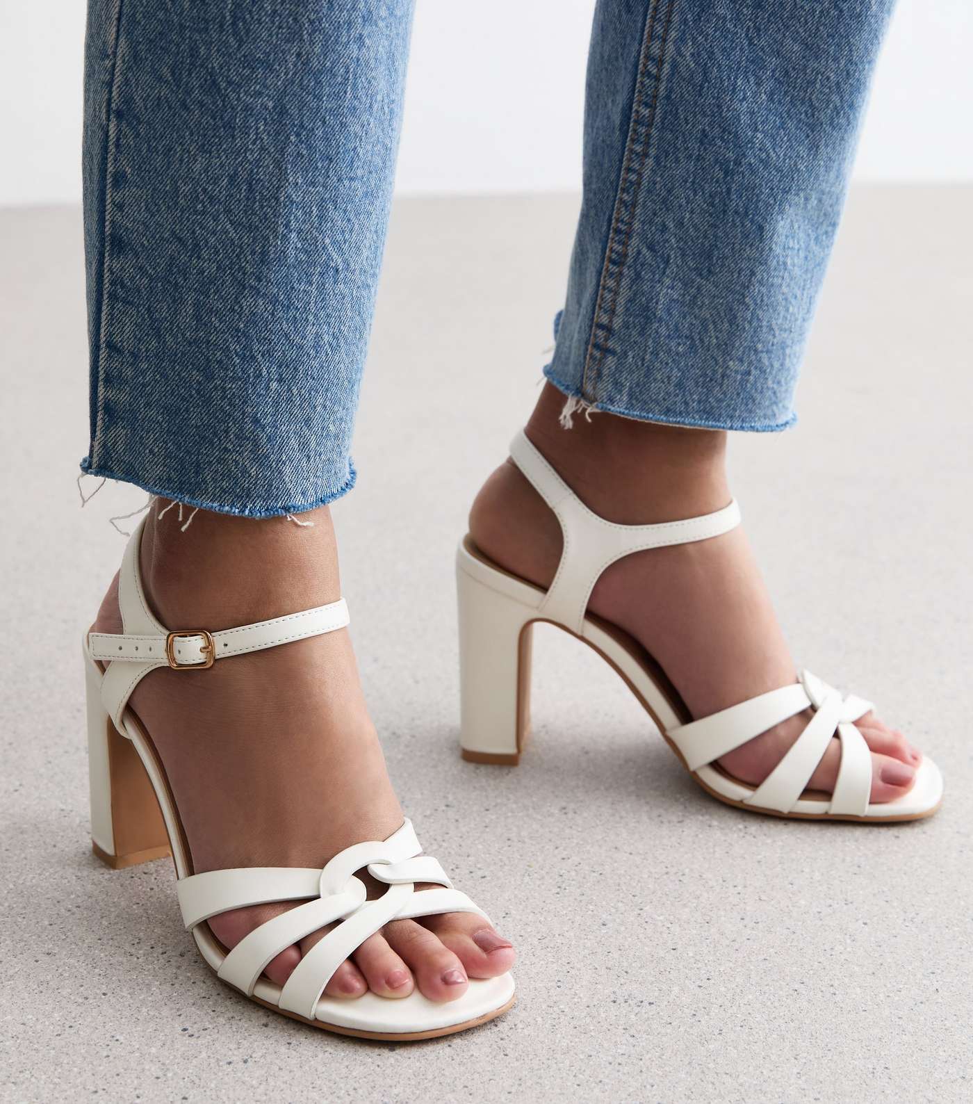 Wide Fit White Leather-Look Twist Block Heel Sandals Image 2
