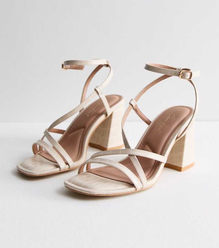 Wide Fit Off White Faux Croc Multi Strap Block Heel Sandals | New Look