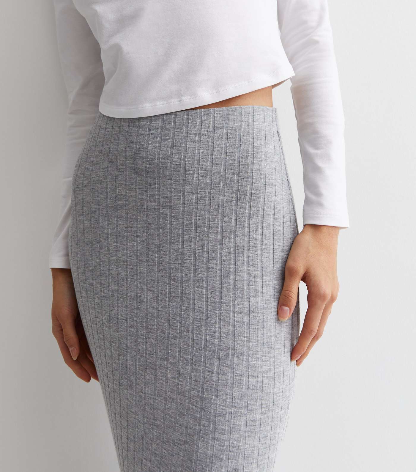 Pale Grey Ribbed Jersey High Waist Midi Skirt Image 2