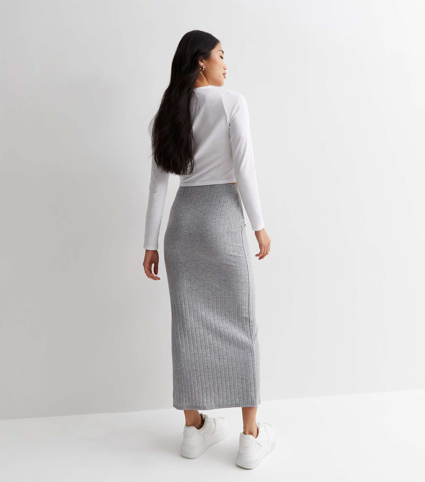 Pale Grey Ribbed Jersey High Waist Midi Skirt Image 4
