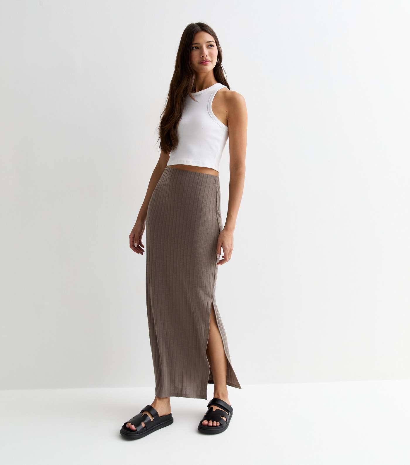 Light Brown Ribbed Jersey High Waist Midi Skirt Image 3