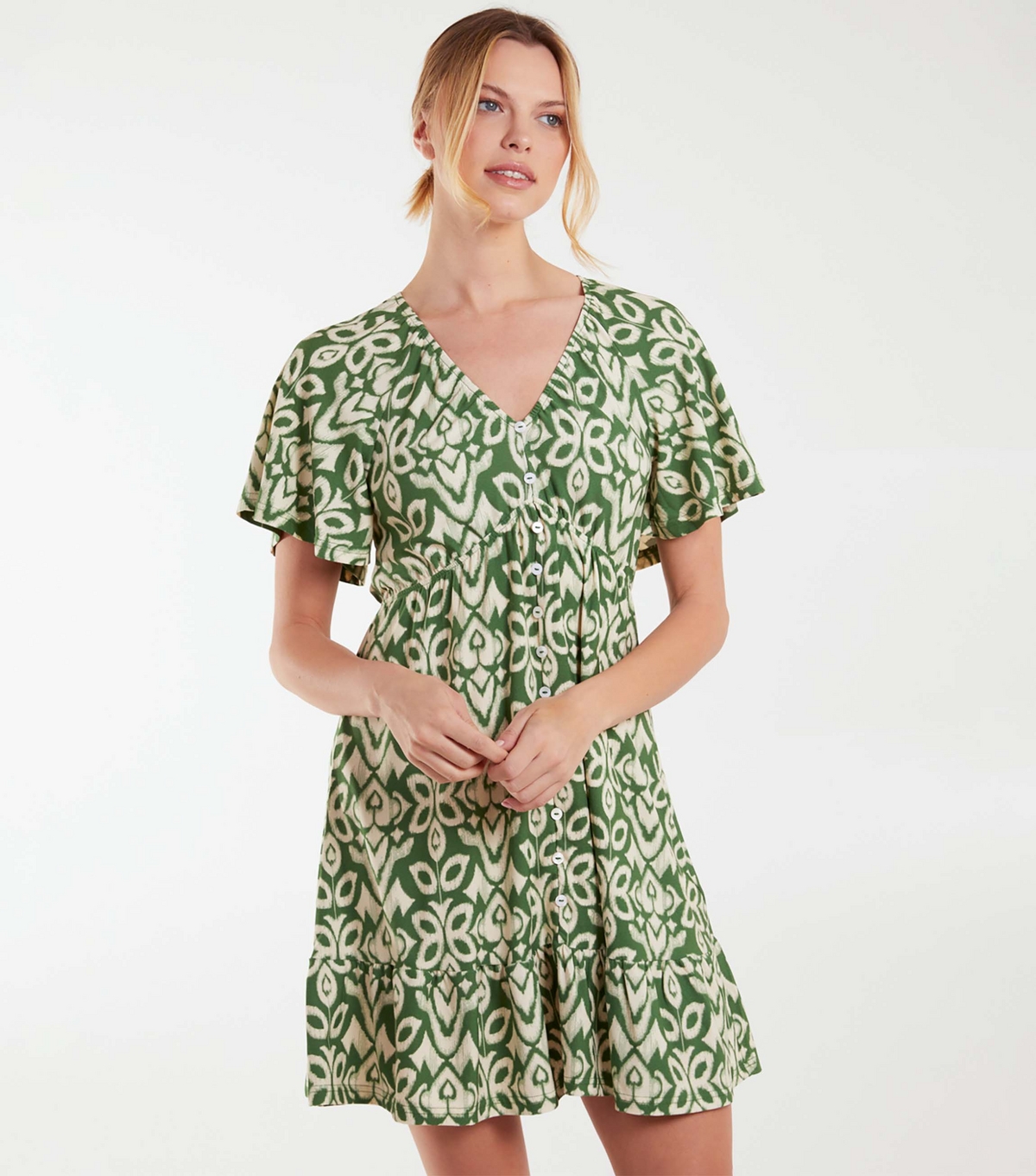 Women's Khaki Abstract Print Button Front Mini Dress Blue Vanilla New Look