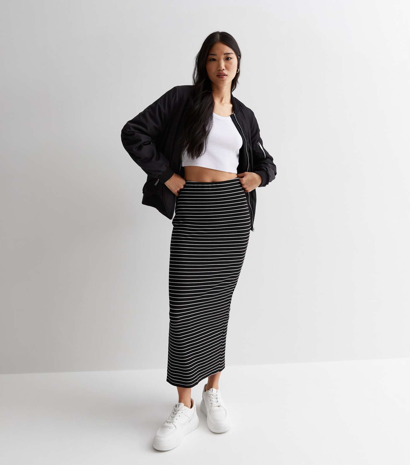 Black Stripe Ribbed Jersey High Waist Midi Skirt