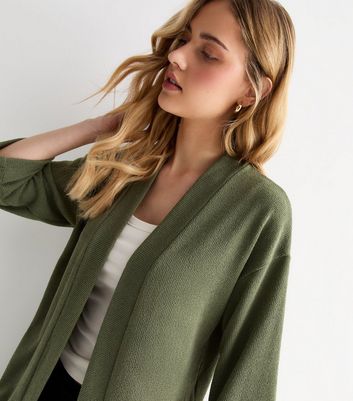 Khaki Textured 3 4 Sleeve Cardigan New Look