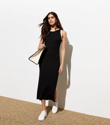 Black Ribbed Contrast Trim Split Hem Midi Dress New Look