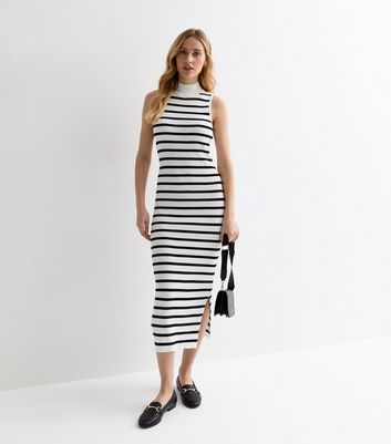 White Stripe Ribbed Knit High Neck Split Hem Midi Dress | New Look