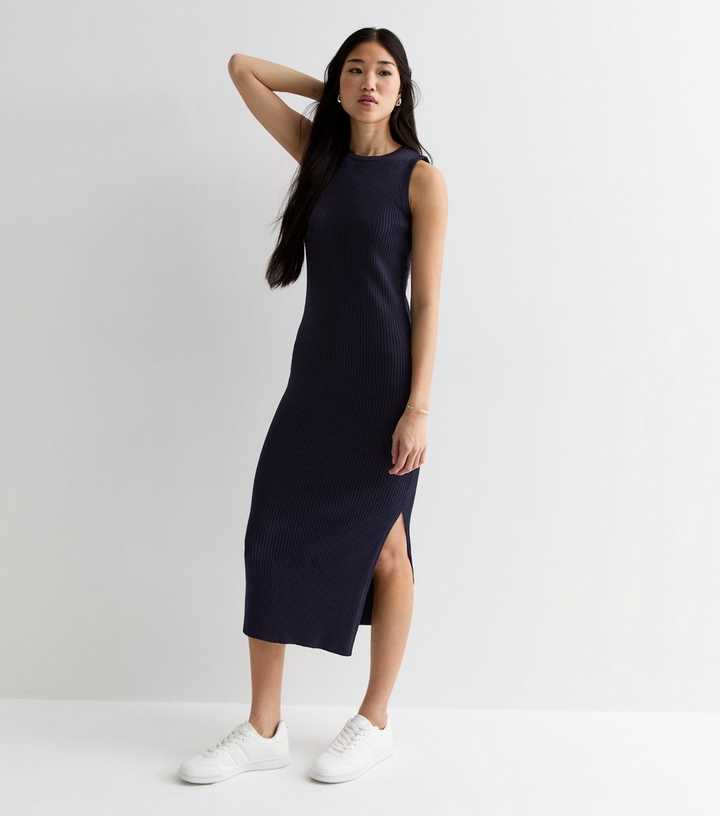 Navy Ribbed Knit Racer Split Hem Midi Dress