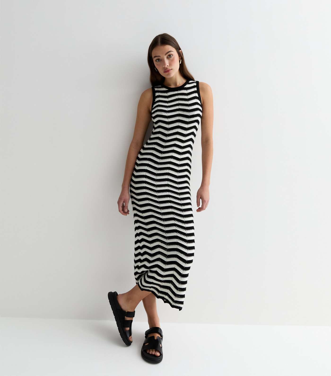 Black Stripe Knit Sleeveless Bodycon Maxi Dress Image 3