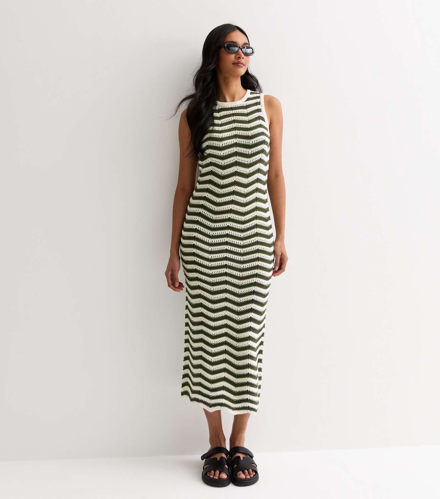 Green Stripe Knit Sleeveless Bodycon Maxi Dress Image 3