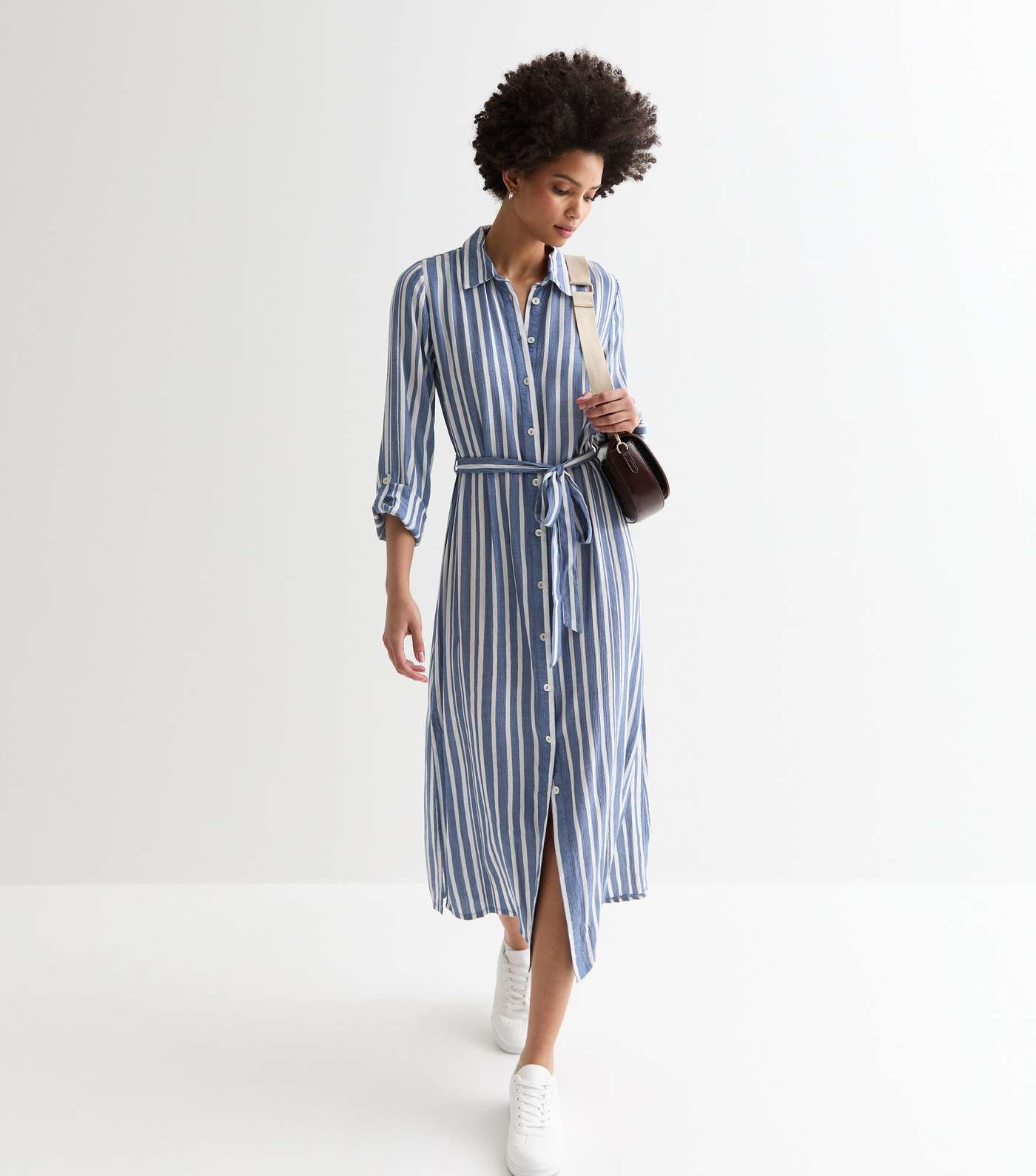 Tall Blue Stripe Belted Midi Shirt Dress Image 3