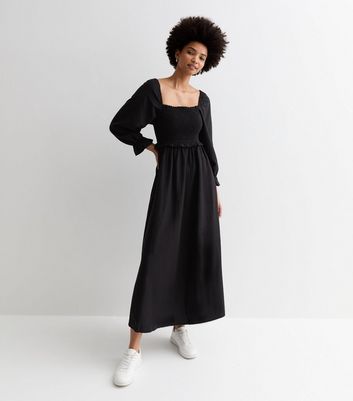 Tall Black Square Neck Shirred Midi Dress New Look