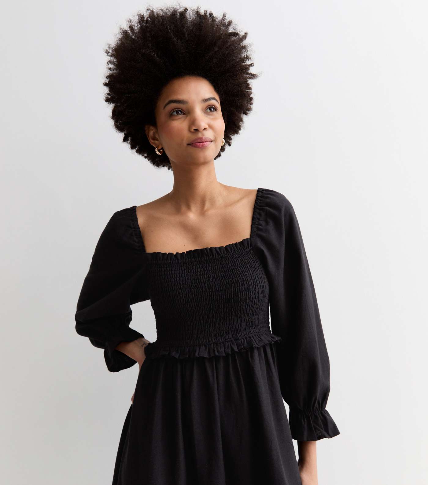 Tall Black Square Neck Shirred Midi Dress Image 2