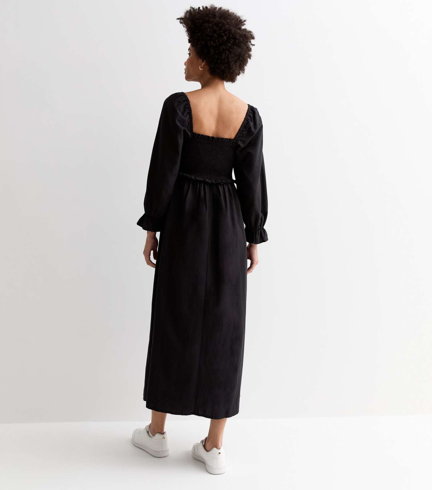 Tall Black Square Neck Shirred Midi Dress Image 4