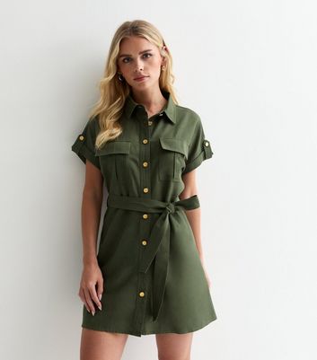 Petite Khaki Belted Utility Mini Shirt Dress New Look