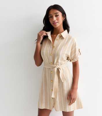 Petite Brown Utility Belted Stripe Print Shirt Dress 
