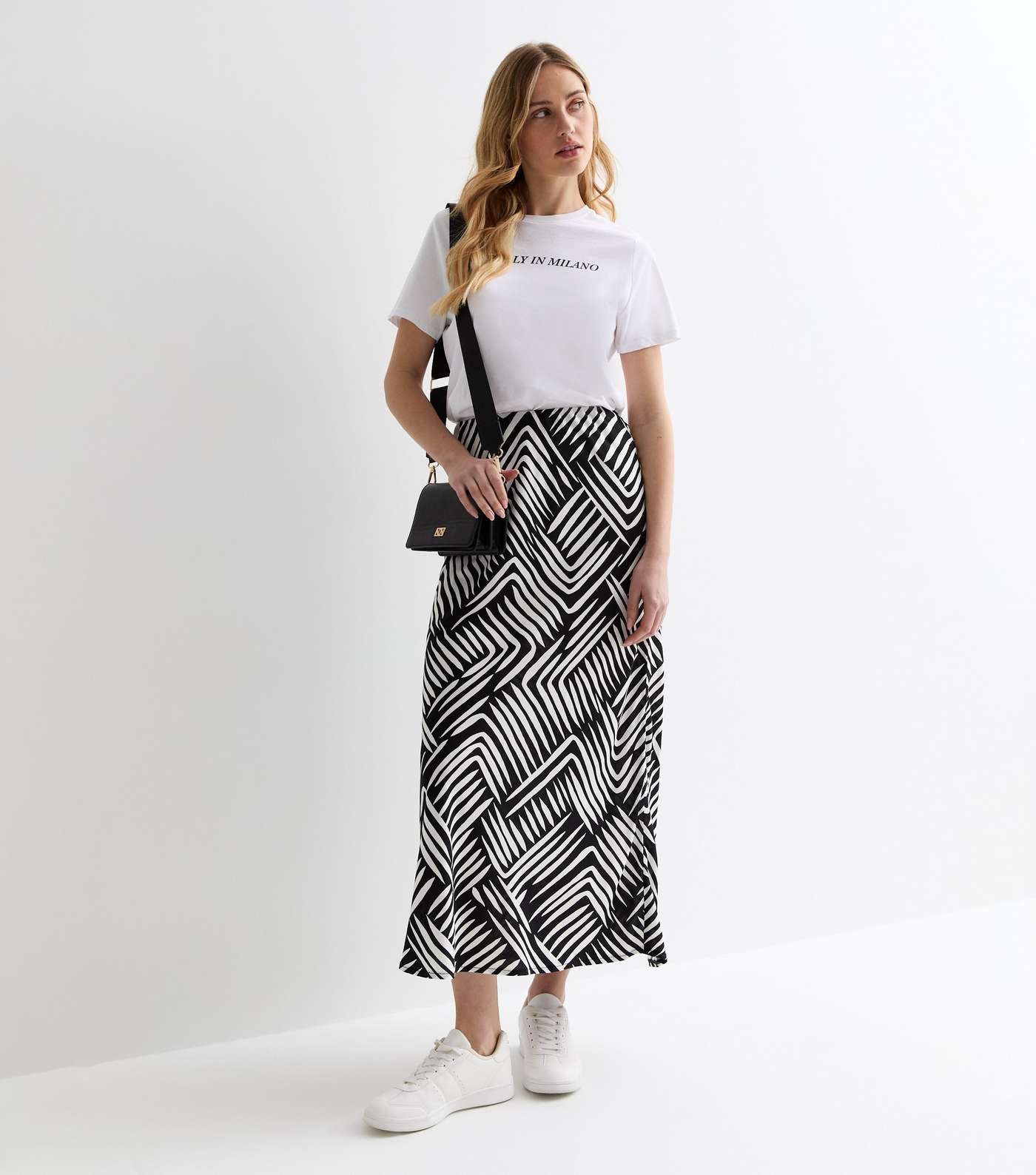 Black Abstract Print High Waist Midi Skirt Image 3